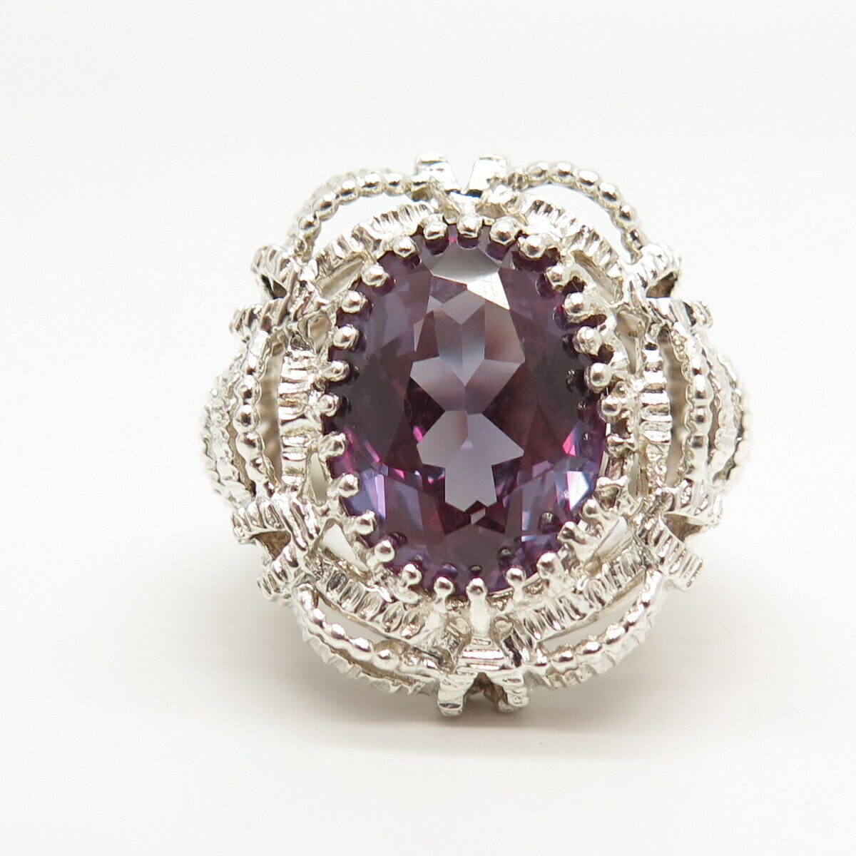 925 Sterling Silver Real Amethyst Gemstone Ornate Domed Ring Size 7.5