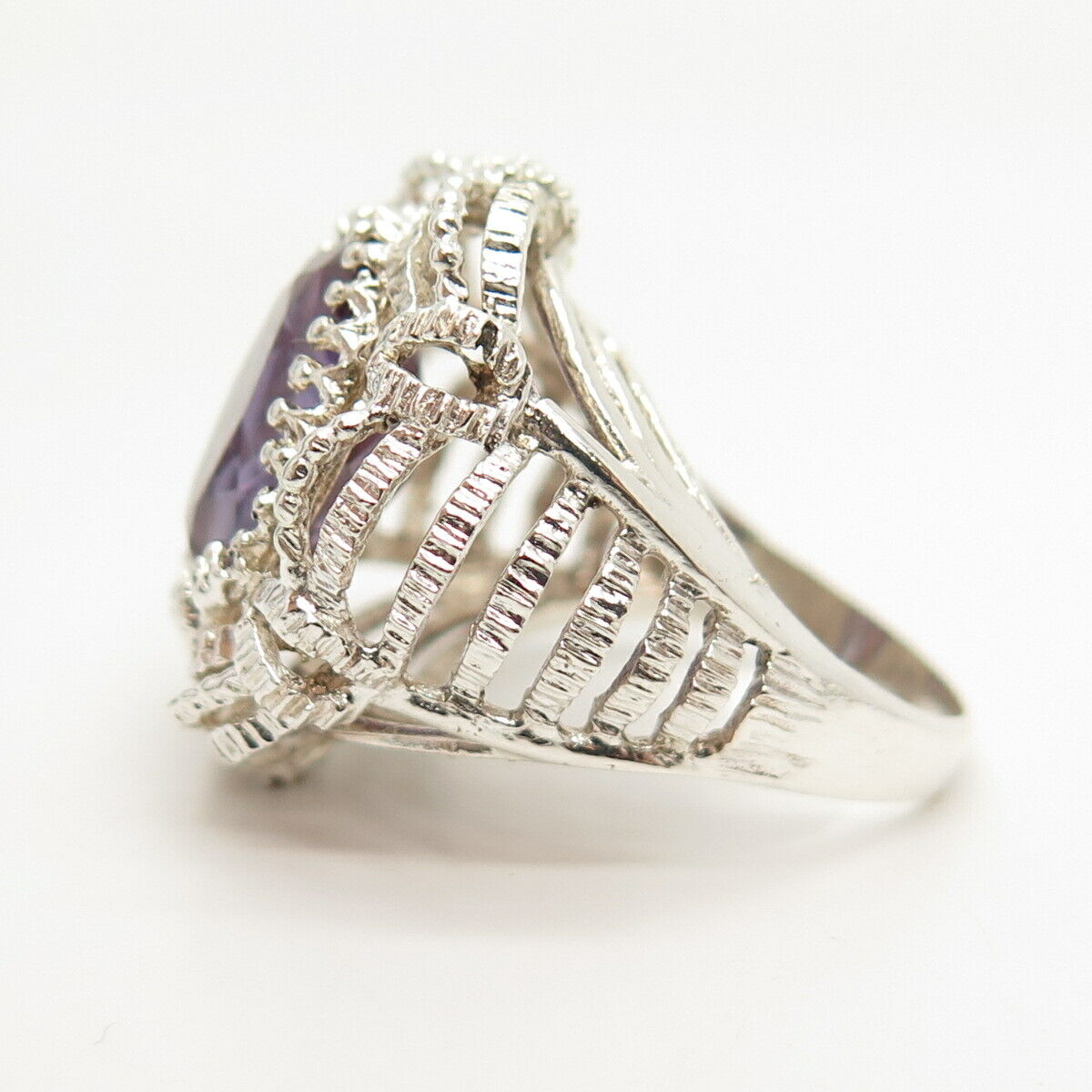 925 Sterling Silver Real Amethyst Gemstone Ornate Domed Ring Size 7.5