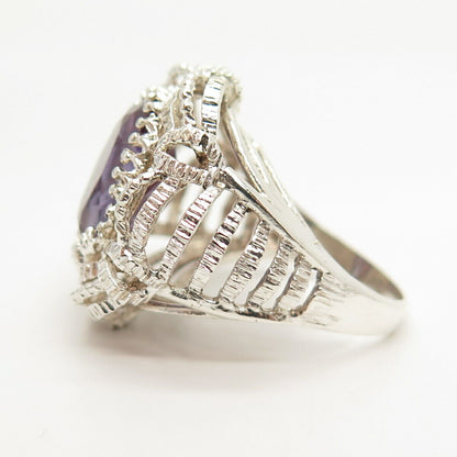 925 Sterling Silver Real Amethyst Gemstone Ornate Domed Ring Size 7.5