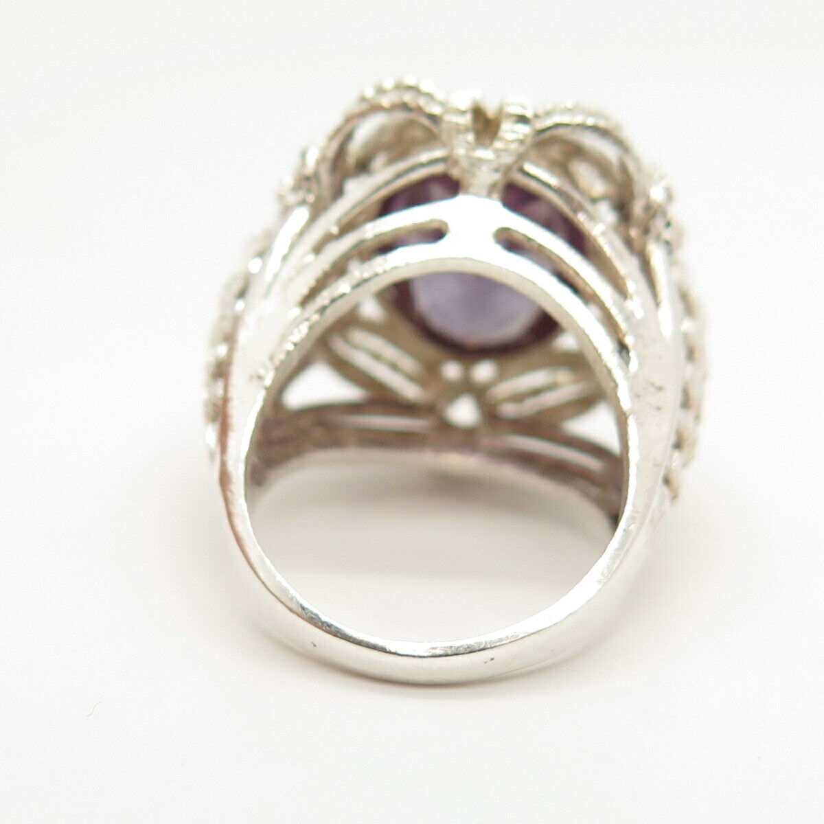 925 Sterling Silver Real Amethyst Gemstone Ornate Domed Ring Size 7.5