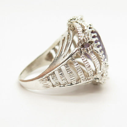 925 Sterling Silver Real Amethyst Gemstone Ornate Domed Ring Size 7.5