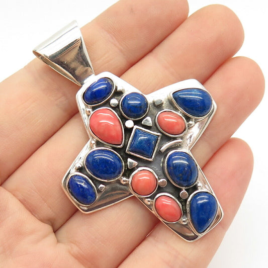 925 Sterling Silver Jay King Desert Rose Spiny Oyster Lapis Lazuli Cross Pendant