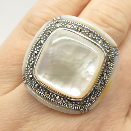 925 Sterling Silver Vintage Real Mother-of-Pearl & Marcasite Gem Ring Size 6 1/4