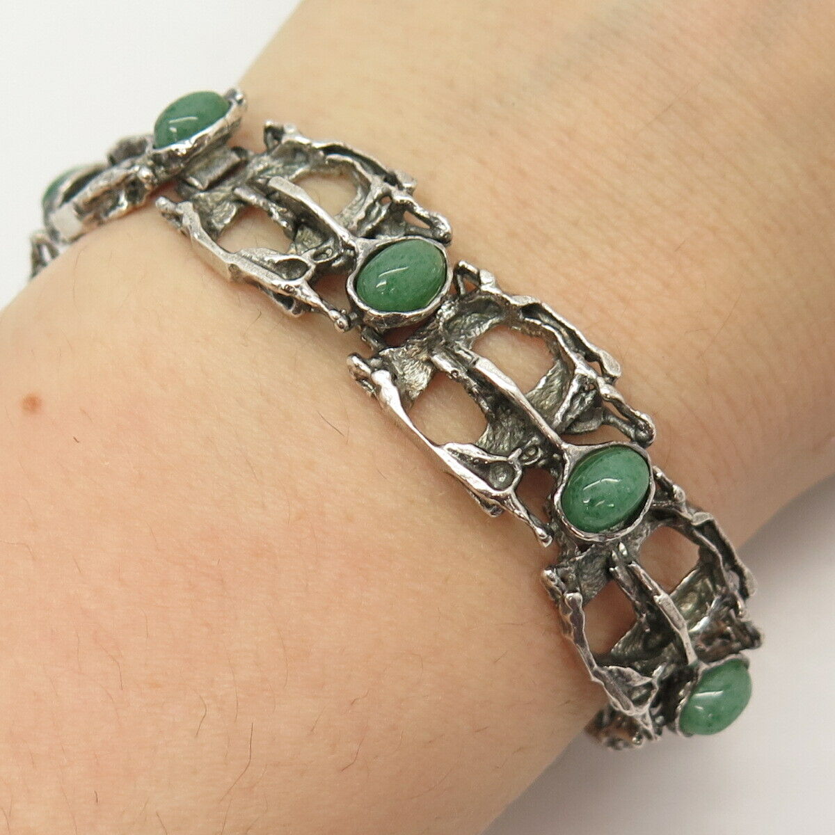 800 Silver Vintage Real Aventurine Gem Modernist Panel Link Bracelet 7"