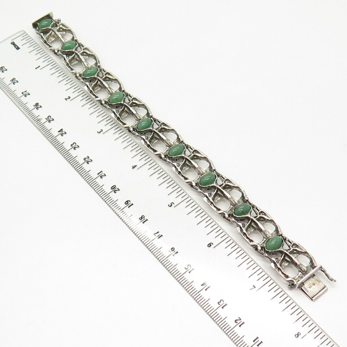 800 Silver Vintage Real Aventurine Gem Modernist Panel Link Bracelet 7"