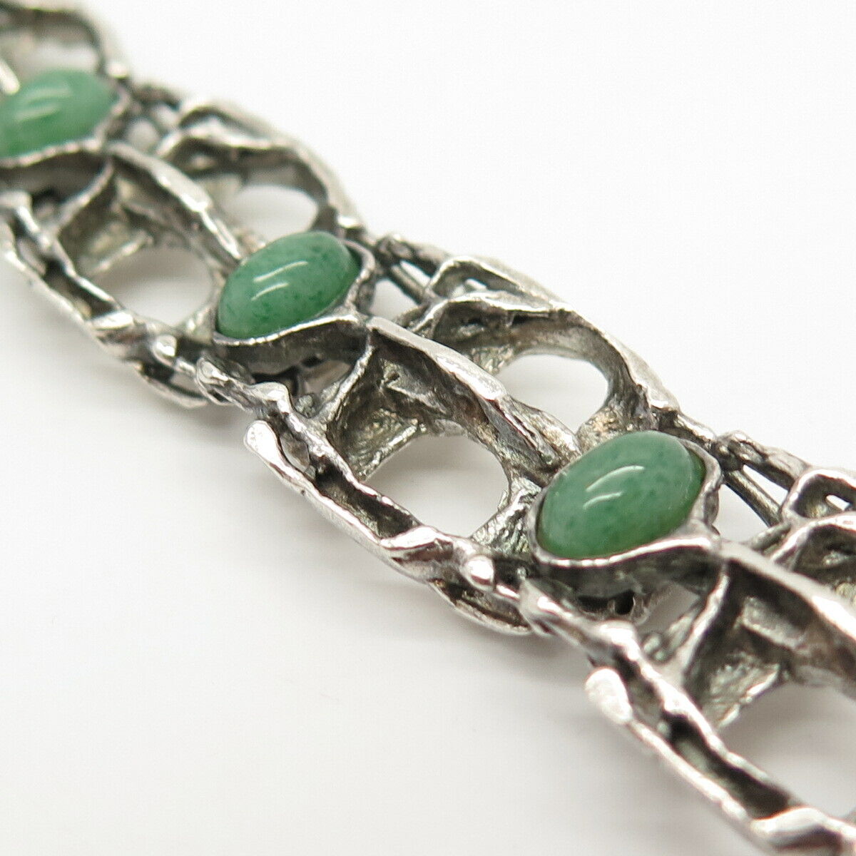 800 Silver Vintage Real Aventurine Gem Modernist Panel Link Bracelet 7"