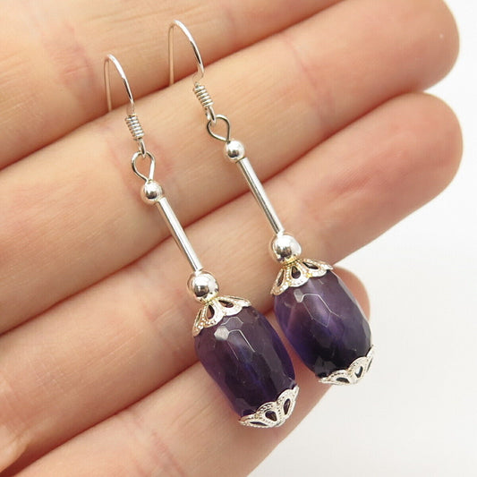 925 Sterling Silver Vintage Real Amethyst Gemstone Dangling Earrings