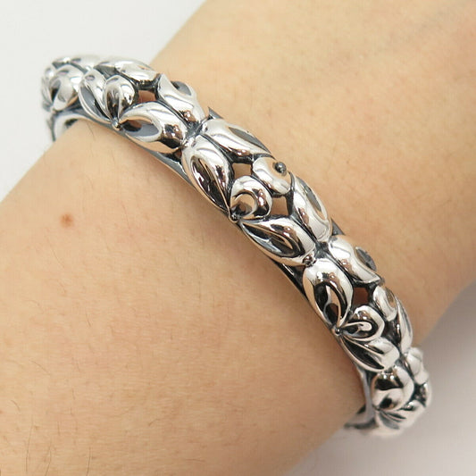 925 Sterling Silver Vintage Floral Hollow Cuff Bracelet 8"