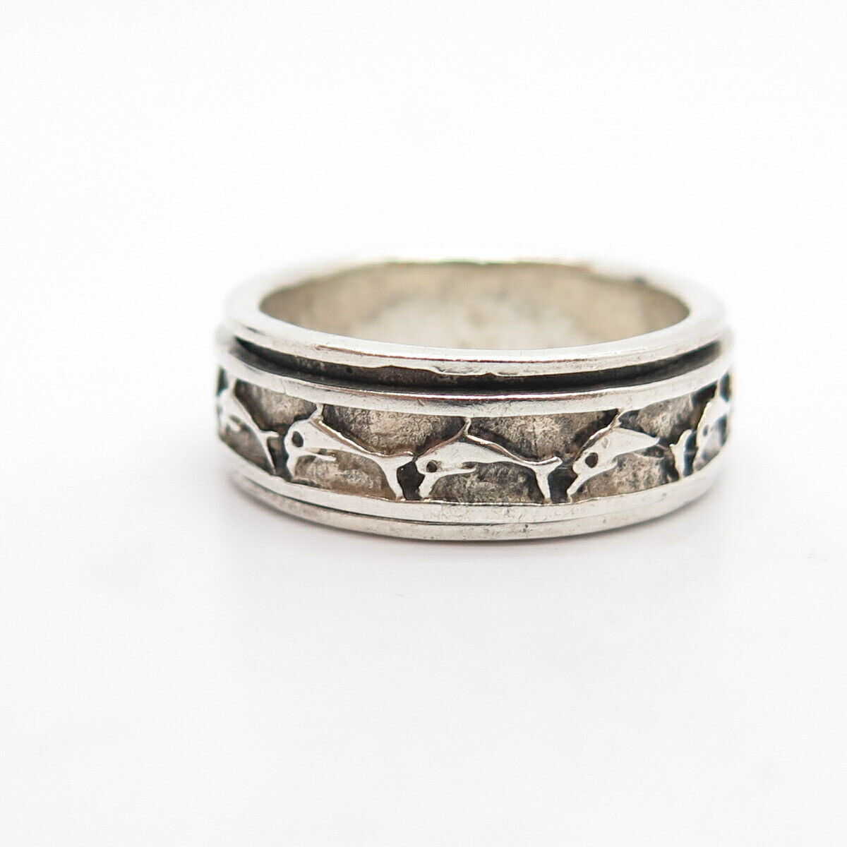 925 Sterling Silver Vintage Friendly Dolphin Rotating Band Ring Size 8.5