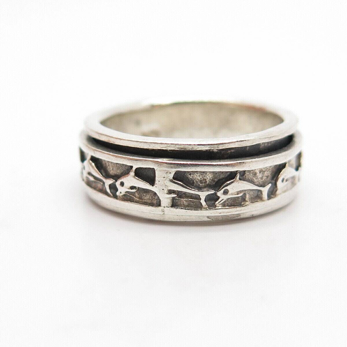 925 Sterling Silver Vintage Friendly Dolphin Rotating Band Ring Size 8.5