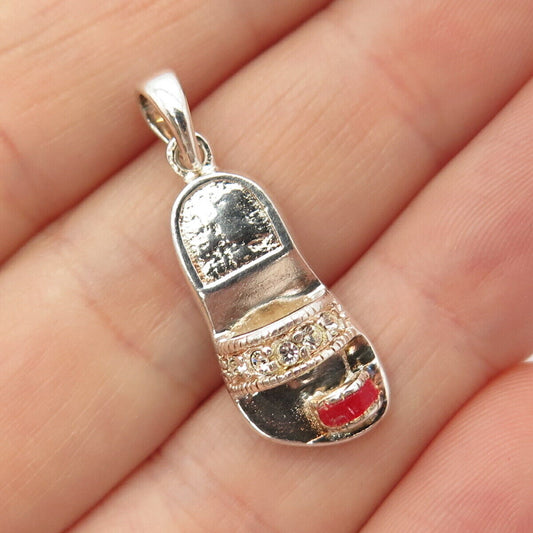 925 Sterling Silver Vintage Real Coral & C Z Flip Flop Sandal Shoe Pendant