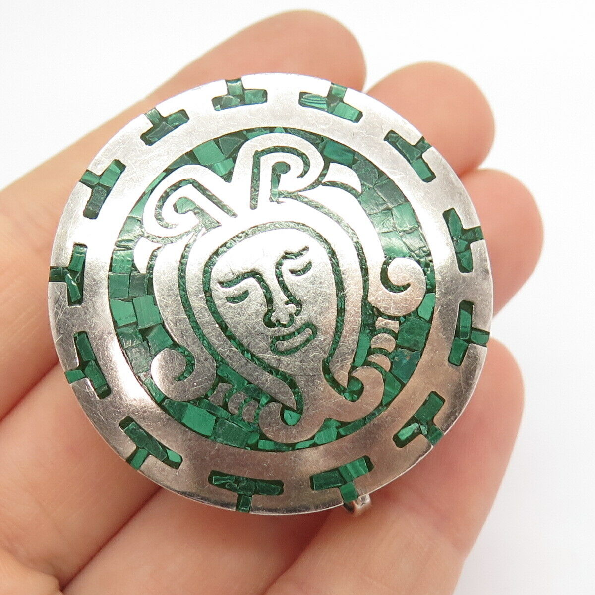 925 Sterling Silver Vintage Mexico Malachite Gem Inlay Tribal Face Case / Box