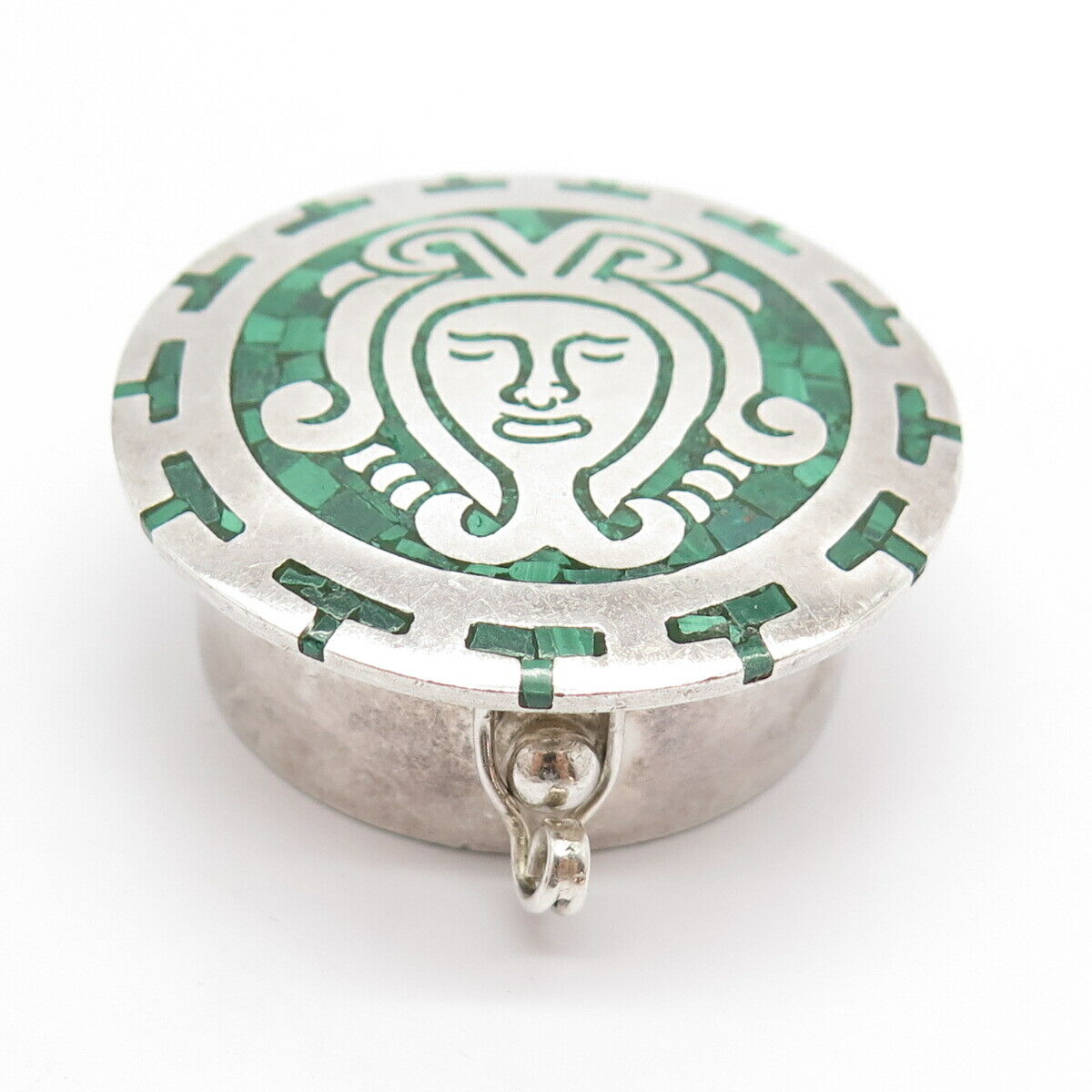 925 Sterling Silver Vintage Mexico Malachite Gem Inlay Tribal Face Case / Box