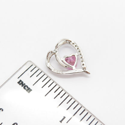 925 Sterling Silver White & Amethyst -Tone C Z Open Heart Slide Pendant