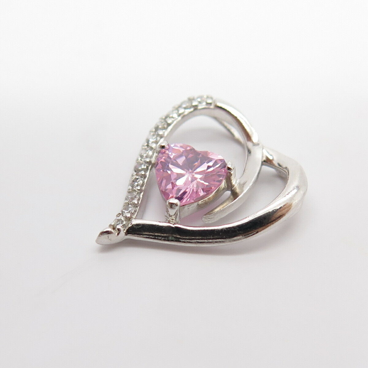 925 Sterling Silver White & Amethyst -Tone C Z Open Heart Slide Pendant