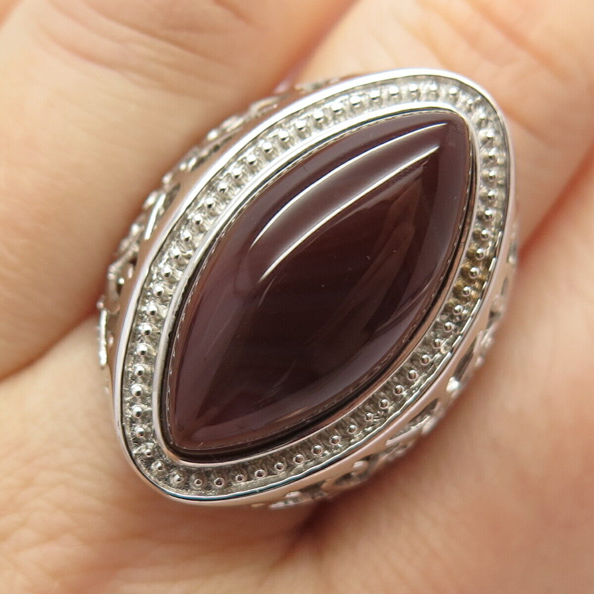 925 Sterling Silver Real Agate Gemstone Ornate Statement Ring Size 8 3/4