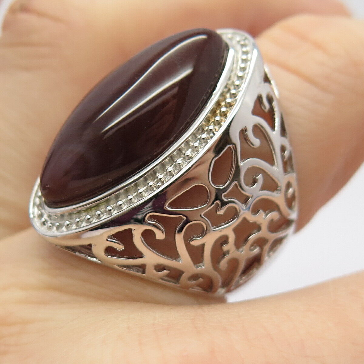 925 Sterling Silver Real Agate Gemstone Ornate Statement Ring Size 8 3/4