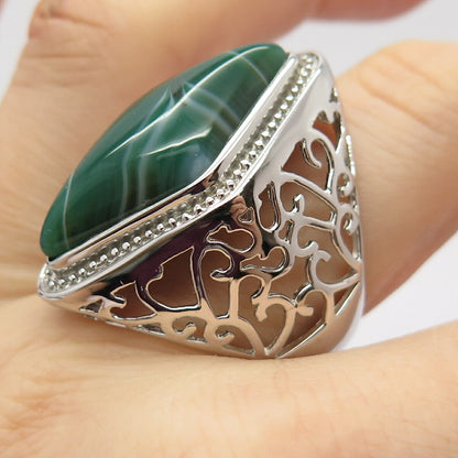 925 Sterling Silver Real Agate Gemstone Ornate Statement Ring Size 9.5