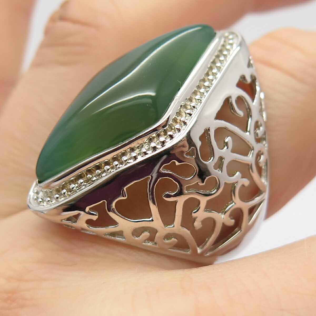 925 Sterling Silver Real Agate Gemstone Ornate Statement Ring Size 8 1/4