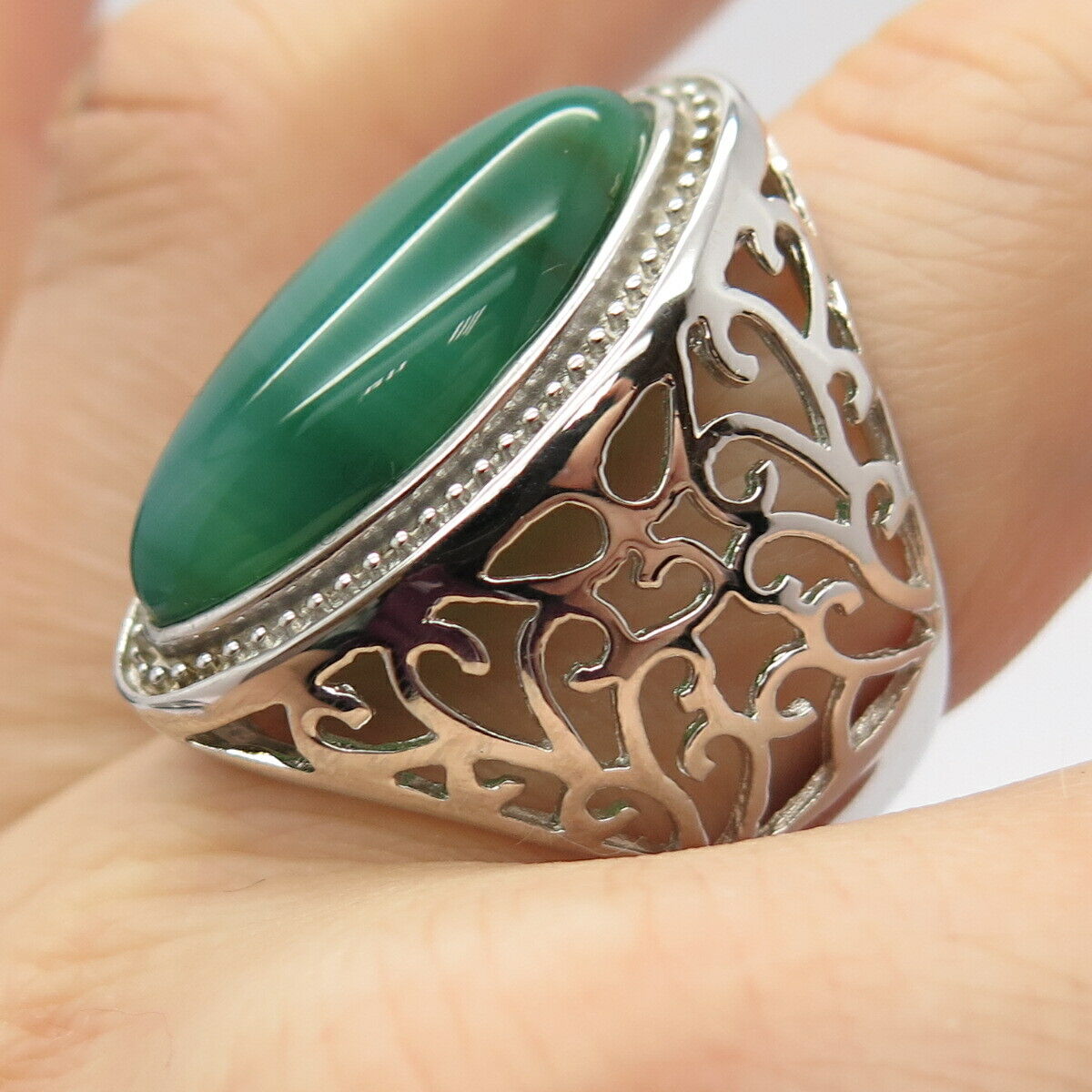 925 Sterling Silver Real Agate Gemstone Ornate Statement Ring Size 8 3/4