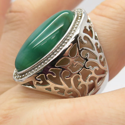 925 Sterling Silver Real Agate Gemstone Ornate Statement Ring Size 8 3/4