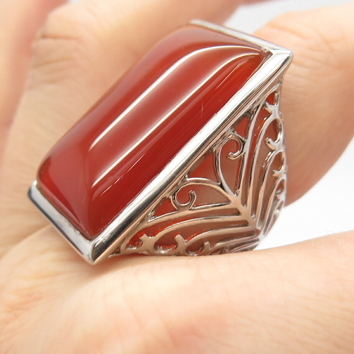 925 Sterling Silver Real Agate Gemstone Ornate Statement Ring Size 7 3/4