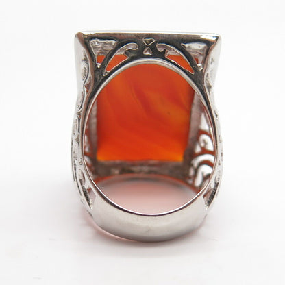 925 Sterling Silver Real Agate Gemstone Ornate Statement Ring Size 7 3/4