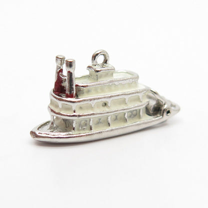 925 Sterling Silver Antique Enamel Boat / Ship Movable Charm Pendant