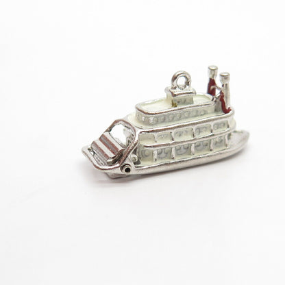 925 Sterling Silver Antique Enamel Boat / Ship Movable Charm Pendant