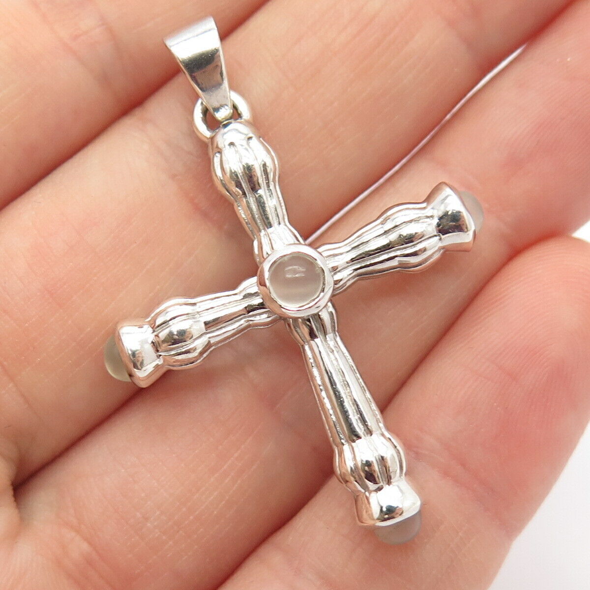 925 Sterling Silver Vintage Real Moonstone Gem Cross Pendant