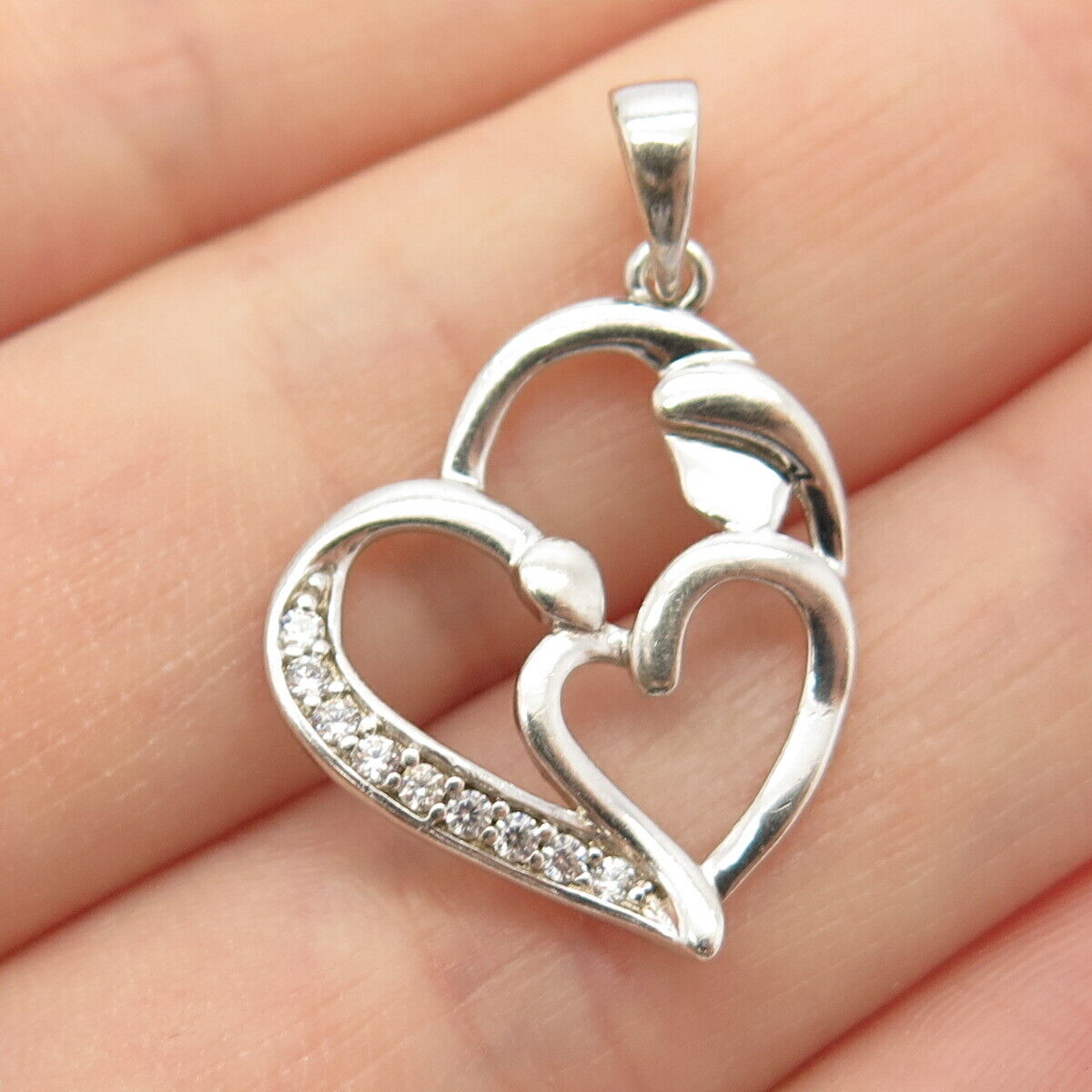 925 Sterling Silver Italy C Z Double Open Heart Pendant