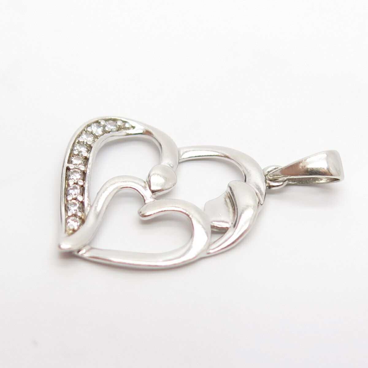 925 Sterling Silver Italy C Z Double Open Heart Pendant