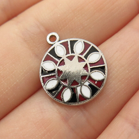 925 Sterling Silver Vintage Enamel Floral Round Pendant