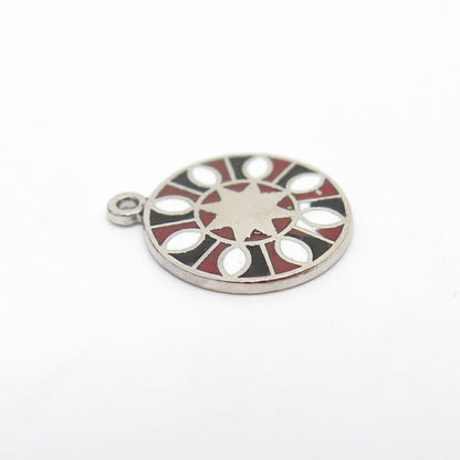 925 Sterling Silver Vintage Enamel Floral Round Pendant