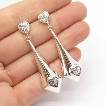 925 Sterling Silver Vintage C Z Heart Dangling Earrings