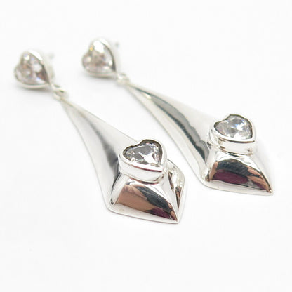 925 Sterling Silver Vintage C Z Heart Dangling Earrings