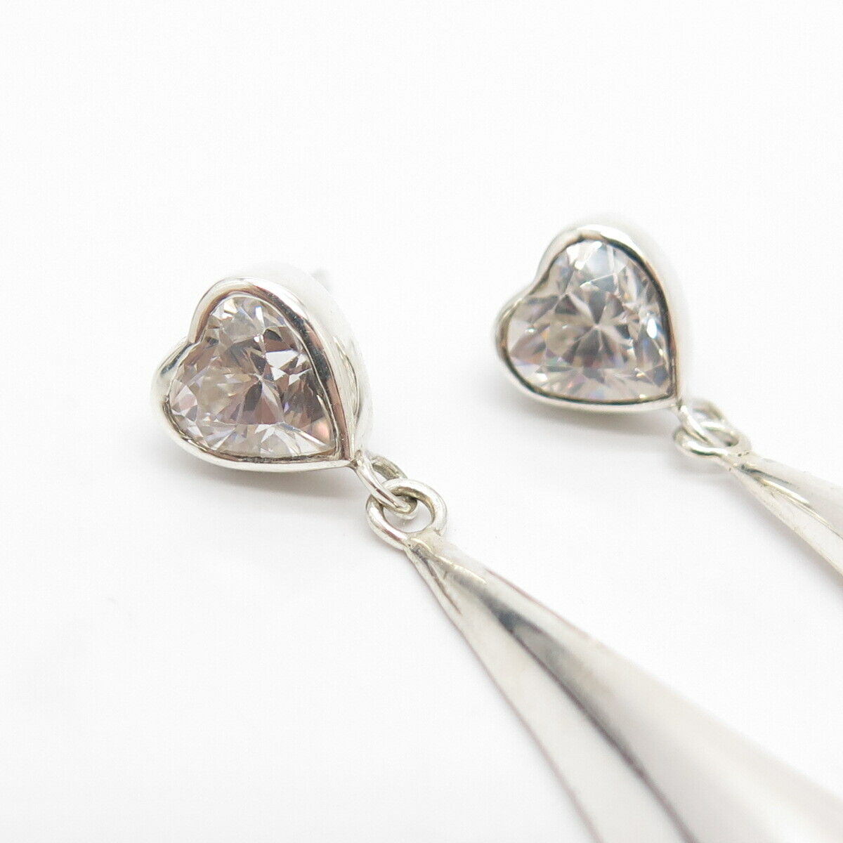 925 Sterling Silver Vintage C Z Heart Dangling Earrings