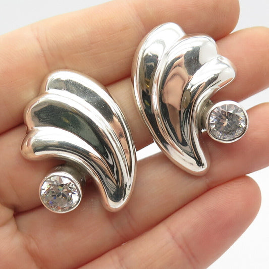 950 Silver 2-Tone Vintage Mexico C Z Ribbed Clip On Earrings