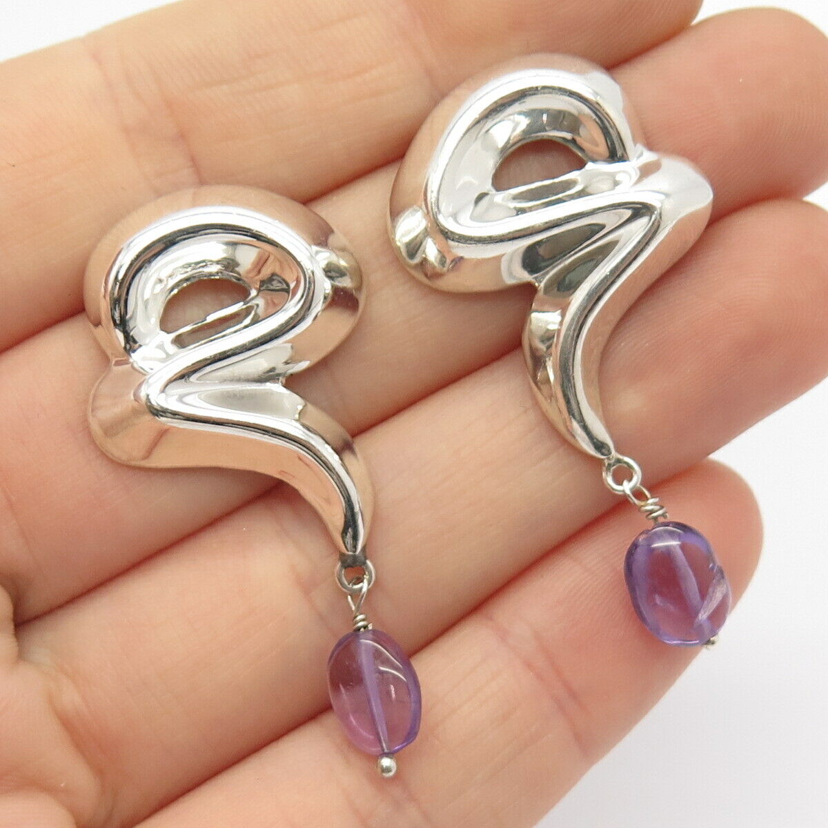 925 Sterling Silver Vintage Mexico Real Amethyst Gem Dangling Earrings