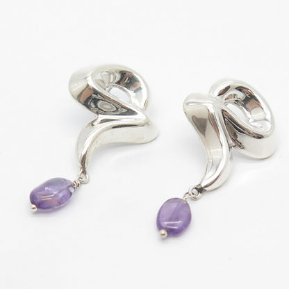 925 Sterling Silver Vintage Mexico Real Amethyst Gem Dangling Earrings