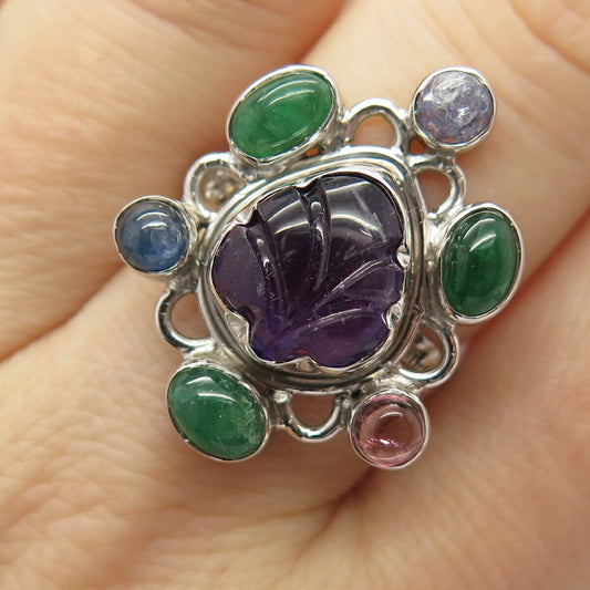 925 Sterling Silver Real Multi-Color Gemstone Wide Ring Size 7 3/4