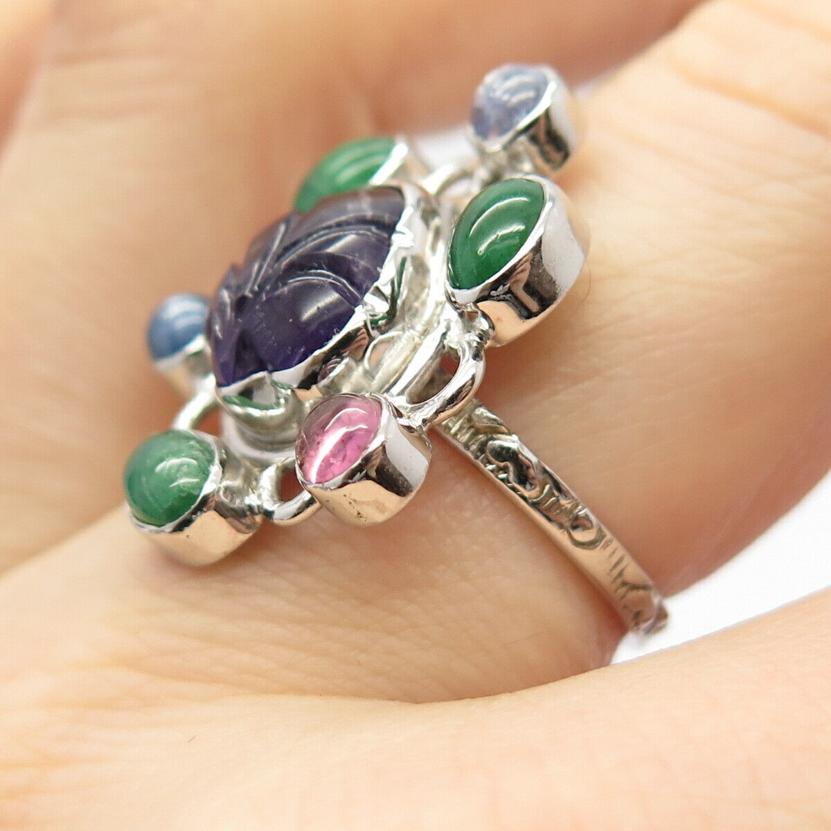 925 Sterling Silver Real Multi-Color Gemstone Wide Ring Size 7 3/4