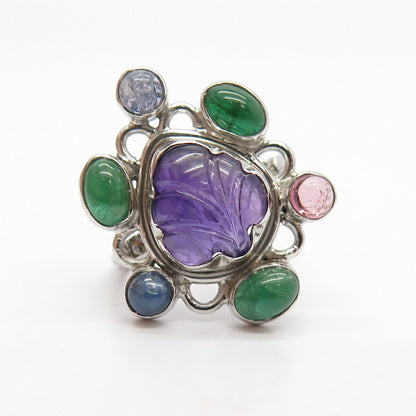 925 Sterling Silver Real Multi-Color Gemstone Wide Ring Size 7 3/4