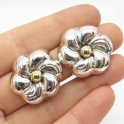 925 Sterling Silver 2-Tone Vintage Mexico Floral Hollow Clip On Earrings