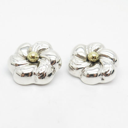 925 Sterling Silver 2-Tone Vintage Mexico Floral Hollow Clip On Earrings