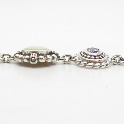 925 Sterling Silver Vintage MOP & Amethyst Blue Topaz Gem Bead Link Bracelet 7"