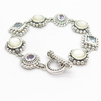 925 Sterling Silver Vintage MOP & Amethyst Blue Topaz Gem Bead Link Bracelet 7"