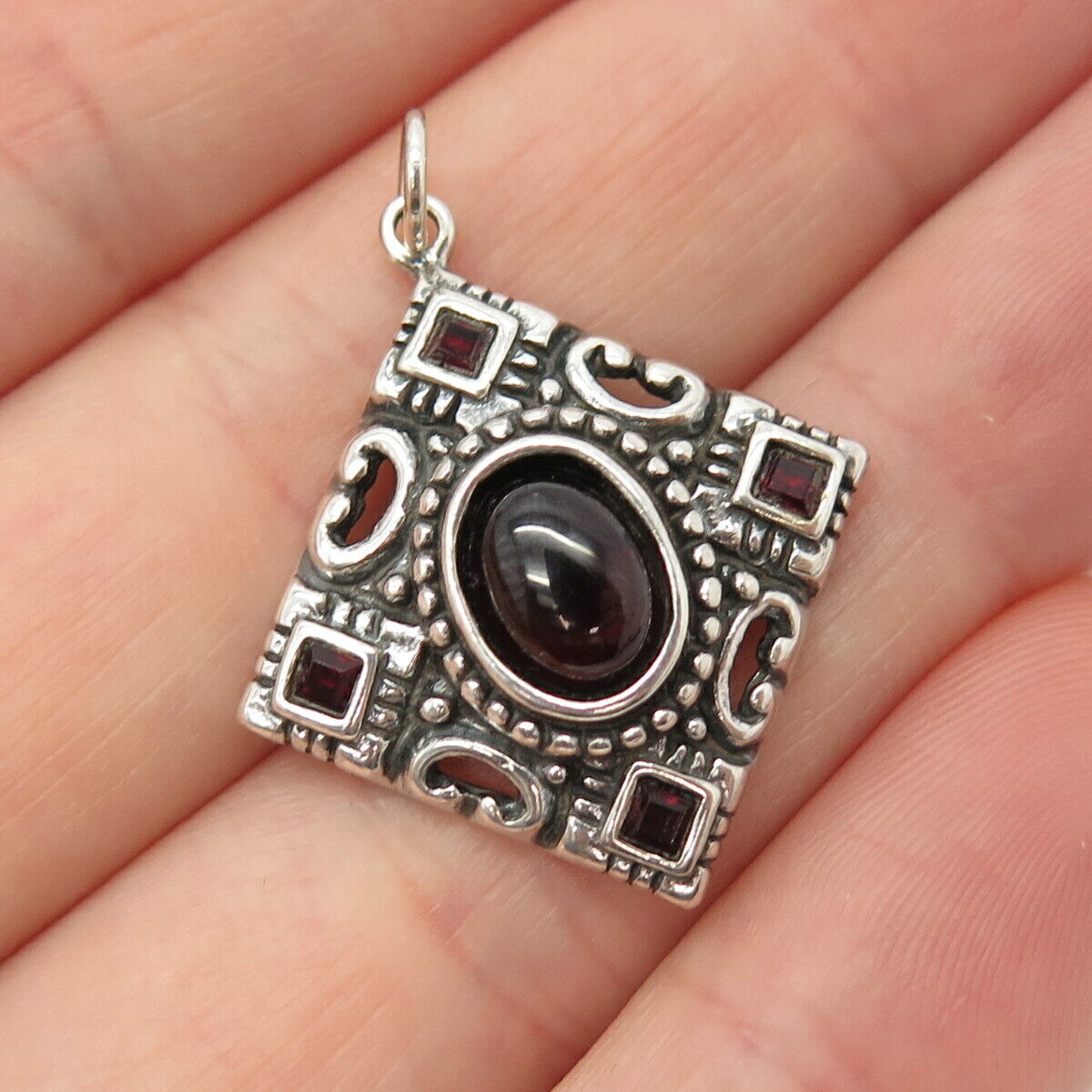 925 Sterling Silver Vintage Shube Real Red Garnet Gem Ornate Pendant