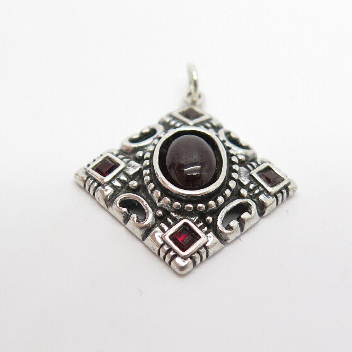 925 Sterling Silver Vintage Shube Real Red Garnet Gem Ornate Pendant