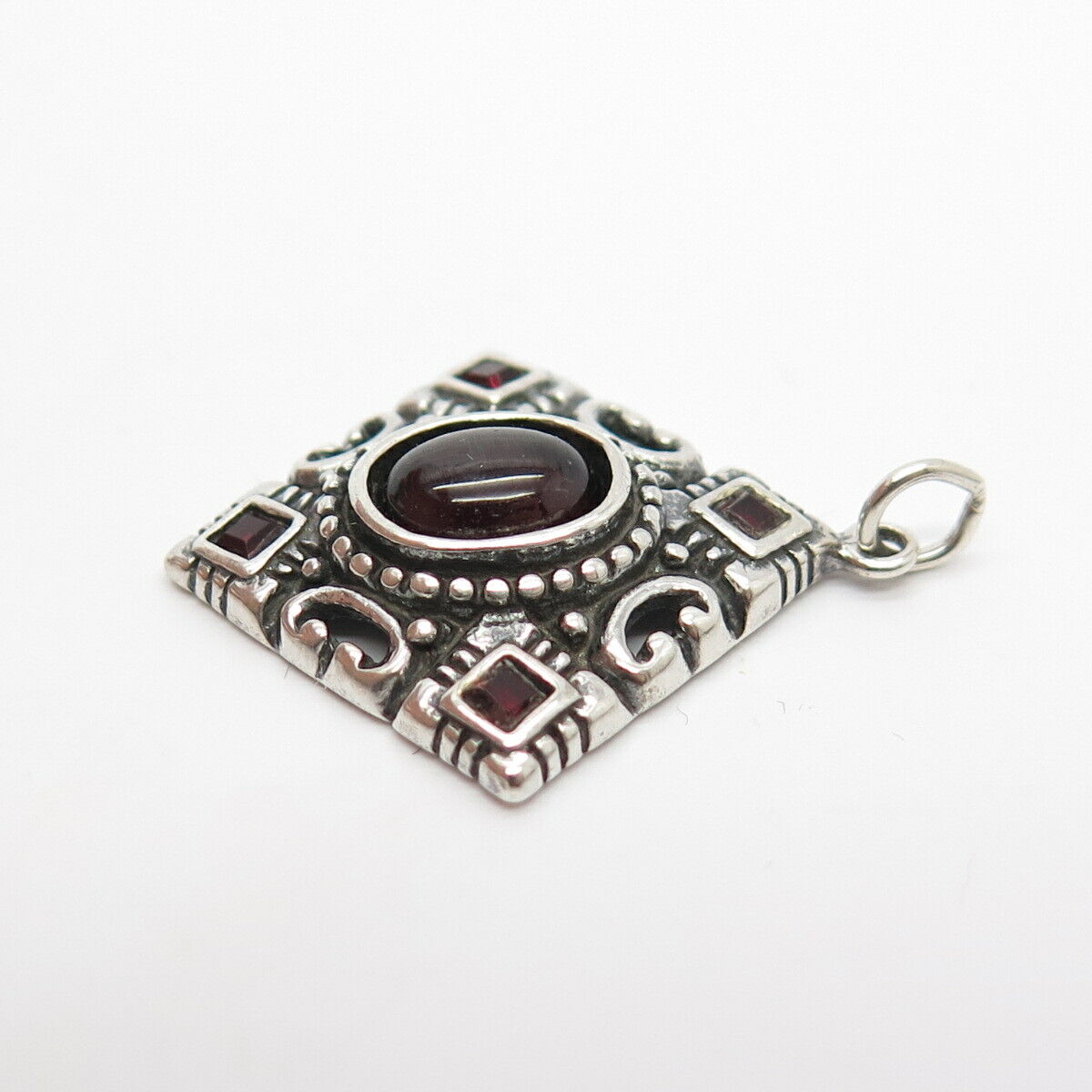 925 Sterling Silver Vintage Shube Real Red Garnet Gem Ornate Pendant